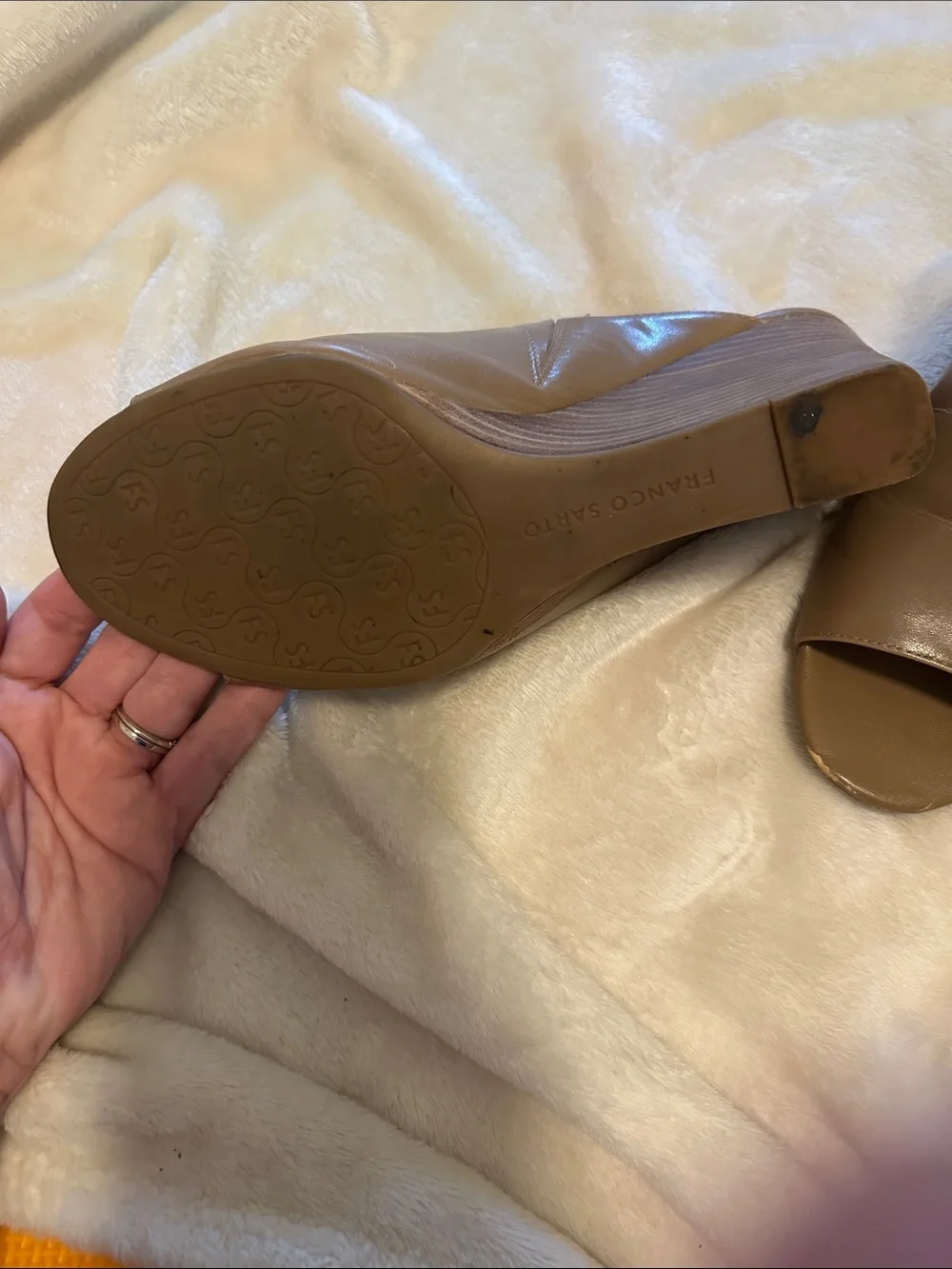 Franco Sarto Brown Leather Peep-Toe Wedge Mules
